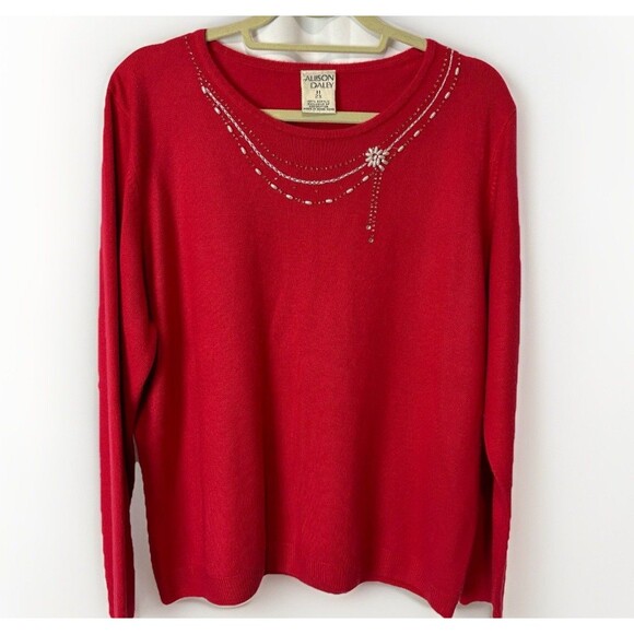 Vintage Allison Daley Red Crewneck Sweater 2X winter holiday dressy office party - Picture 1 of 9